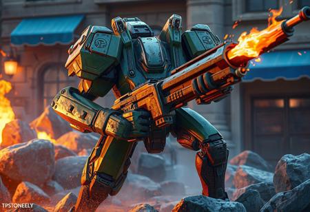 Valkyrie Sigrun robot, green & brown, large gun, fire-lit gray rocks, blue awning building backdrop, dynamic action pose, cinematic, octane render, Unreal Engine 5, splash ink illustration, Raphael style, trending on Artstation, CGSociety, 4k, hyperdetailed face, beautiful eyes, golden ratio, vivid, joyful impact.