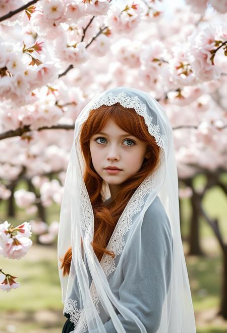 A girl with auburn hair, green eyes, intricately detailed veil is standing among cherry blossom trees. The photograph is taken with an analog machine, producing film grain effects