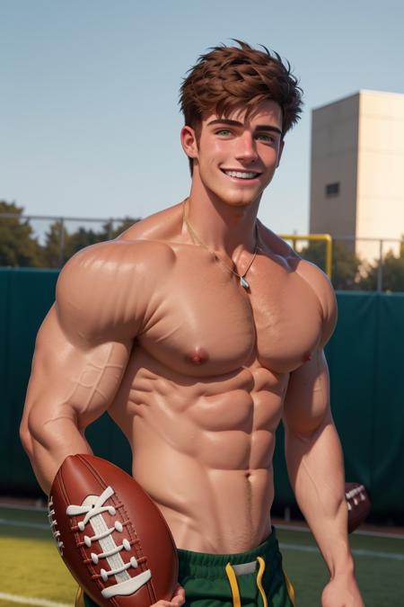 masterpiece, best quality, alex sdv, 1boy, solo, muscular, nipples, abs, brown hair, large pectorals, smile, short hair, green eyes, necklace, looking at viewer, navel, upper body, holding football, topless, spiked hair, abs