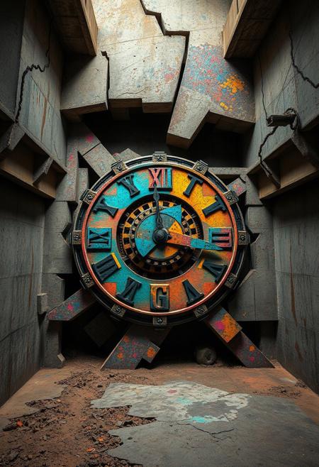 colorful, bright, vivid, fractured geometry in the bunker walls, raw, (polished:-1.3),clock, (smooth surfaces:-1.4), infinite geometry in mechanical structures, soft yet angular forms, (noisy:-1.1), (blurry:-1.2), sculptural appearance, dystopian vibe, fragmented beams, photorealism, weathered textures, rigid platonic structure, (disjointed anatomy:-1.3), (low quality:-1.2), intersecting planes of concrete and metal, brutalist geometry, unsettling, exaggerated platonic forms, vibrant oil pastel colors, multichromatic oxides, recursive shapes in clock gears, (ugly:-1.3), saturated hues of corroded metal, interlocking geometric patterns, primal aesthetic, weathered concrete walls, flowing yet sharp brutal edges, (cartoonish:-1.1), underground bunker, deep earthy tones, high resolution, stark industrial lighting, surfaces, colorful oxides, patina, (overly ornate:-1.5), (bad composition:-1.3)