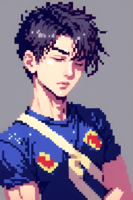 <lora:pixel:0.9>(((pixelart)))  solo, short hair, bangs, simple background, black hair, 1boy, closed mouth, closed eyes, upper body, male focus, black eyes