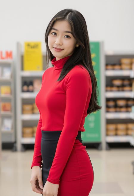 portrait of a young woman pokimane, wearing a red turtleneck dress. She has dark brown hair and brown eyes. She is in walmart, black skirt,