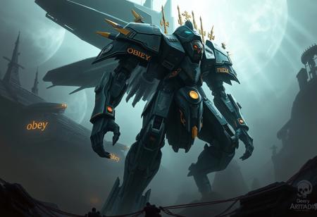 Generate a high-quality, hyper-ornate concept art image of a Warhammer-inspired robot, depicted as a titan and the new king of Great Britain, set against a backdrop of a dread scary spaceship, emphasizing power and authority. The image should evoke a sense of disbelief and awe. Style the artwork with brush strokes similar to AAA game concept art, drawing inspiration from Jama Jurabaev's style and the characters of Star Wars. Include mecha legs and 'obey' symbols. The image should be a full palette, cinematic shot, trending on ArtStation. The output should be in a visual format with a detailed description of the scene.