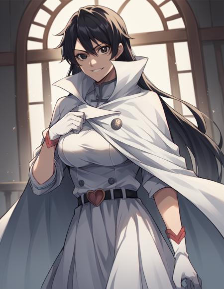 bambietta basterbine, long hair, black hair, black eyes, large breasts, skirt, gloves, belt, cape, cloak, white cloak,