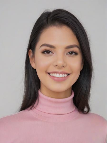 Photo of g1n4v4l3ntn4, smiling, pink turtleneck blouse, white background