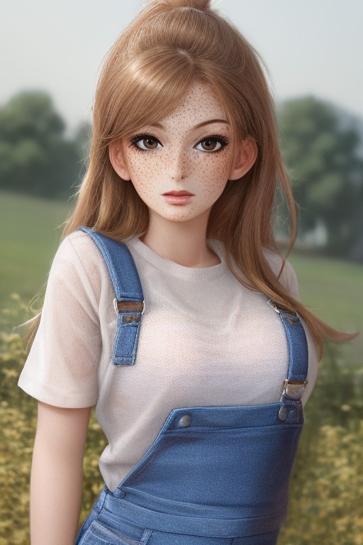 photography of an (closeup portrait) woman, realistic <lora:FayeReagan3:1>  wearing overalls white shirt on farm, vibrant ...