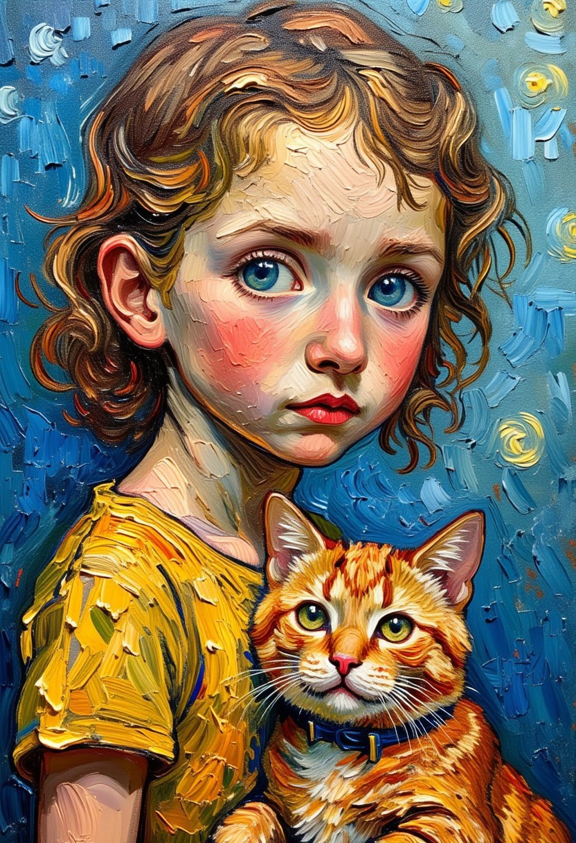 Portrait of cute girl and fat cat