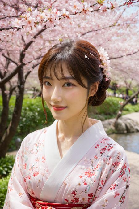 (HD, masterpiece, best quality, hyper detailed, ultra detailed, super realistic),Picture the young woman again, standing in a serene cherry blossom park during peak bloom. Her fair skin and light brown hair, held loosely with a small floral clip, complement her traditional red and gold kimono beautifully, adorned with chrysanthemum patterns. With a gentle, delighted smile, she gazes toward the camera, framed by iconic cherry blossom branches bursting with delicate pink flowers. The sunlight filters through the blossoms, creating a soft, dreamy atmosphere around her. The background features lush greenery and other visitors enjoying the tranquil setting, all contributing to a celebration of spring and Japanese culture in this enchanting scene., green eyes, blue eyes, brown eyes, perfecteyes, jpn-girl, Movie Still, Film Still, Cinematic, Cinematic Shot, Cinematic Lighting, SDXL Hands XL + SD 1.5 + FLUX.1-dev<lora:SDXL PerfectEyesXL.safetensors:0.7000000000000001:0.7000000000000001> <lora:SDXL japanese_girl_v1.1.safetensors:0.7000000000000001:0.7000000000000001> <lora:SDXL Juggernaut Cinematic XL LoRA.safetensors:0.7000000000000001:0.7000000000000001> <lora:SDXL Hands XL + SD 1.5 + FLUX.1-dev.safetensors:0.7000000000000001:0.7000000000000001>