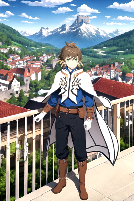 masterpiece, best quality, 1boy,  sorey, standing,  solo, brown hair,  green eyes,  boots, cape, full body, white gloves, jewelry, earrings, male focus, shiny skin, medieval castle, on balcony, switzerland mountains background <lora:Sorey:1>