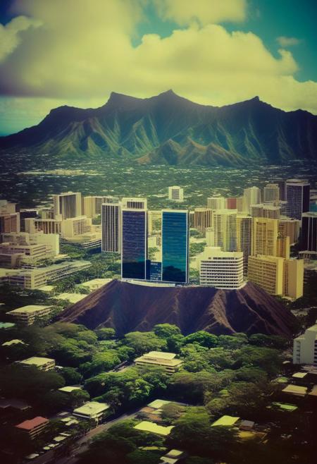()Hyoer Realistic:2.0)Polaroid picture 
an image of 
Ultra-realistic Honolulu, HI under Wakandan rule: Mega skyscrapers with sleek, futuristic designs and vibrant African patterns dominate the skyline. 
((Traditional Hawaiian architecture blends seamlessly with advanced Wakandan technology.)) The streets are bustling with people in modern attire, while iconic landmarks like Diamond Head are now adorned with gleaming vibranium accents. ((The city's natural beauty is enhanced by the fusion of cultures and technologies))