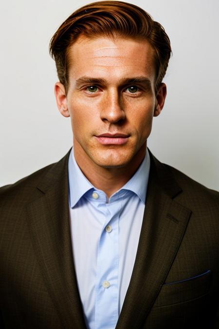 professional full body photo, photo of caucasian man in his 40's, Tall and imposing, broad shoulders, powerful physique, hints of age on face, sharp face, angular face, hawkish nose, high cheekbones, green eyes, bright red hair, ivy league haircut, impeccably dressed, bespoke suits. clean shaven. freckles, thin lips