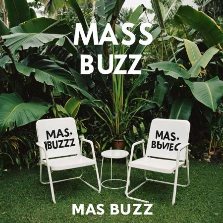 This is a photograph of the cover of an album, with bold text "MáS BUZZ", prominently displayed along the left superior border. Below, two white plastic chairs are placed on a patch of grass, partially obscured by lush greenery. The background includes large banana leaves and tall plants. The overall aesthetic is vibrant and tropical.