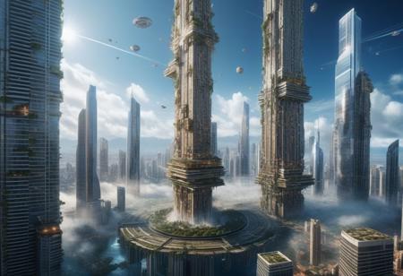 masterpiece, 8k, high quality, ultra detail, ultra realistic, exquisite detail, a large floating city suspended in the air by a large pillar in its center, km high, hundreds of skyscrapers, suspended in space, crashed sky, cinematographic lighting, hdr