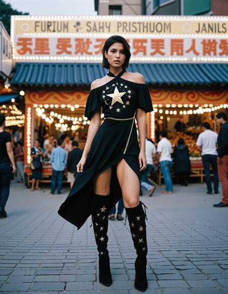 RAW full body analogue photo of a beautiful 25 years old woman, clear focus, high resolution image, (aymara woman),  ,wearing Celestial Warrior, a black dress with moon and star patterns, knee-high boots, and a crescent moon pendant, (hitop-fade-haircut),,high quality, film grain, Fujifilm XT3, 8k uhd, dslr, film grain, kodak tri-x 400 film, grain photo DOF, faint lighting, dynamic angle, cinematic, Depth of field, bokeh, best quality, cinematic, light particles, highly_detailed, very_aesthetic, golden hour, beautiful_and_aesthetic ,Sexy pose, erotic pose, exhibitionism, ,A bustling market square with street performers and food vendors