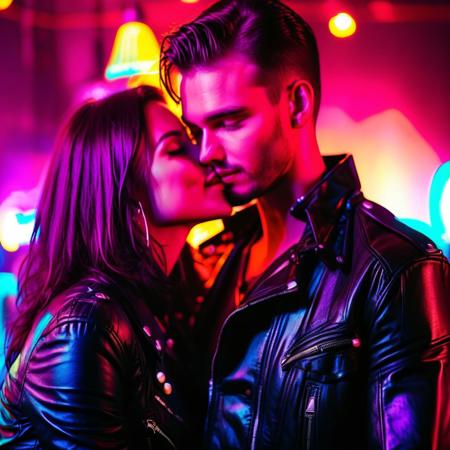 Beautiful young Woman hugs man from behind, kissing his neck, woman is a little taller than man, wearing leather jacket, hazy night club with neon lights