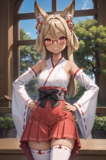 setsu, fox girl, long hair, hair rings, blonde hair, red eyes, fox ears, thick eyebrows,  fox tail, fang, dark skin, dark-skinned female, tan, red-framed eyewear, semi-rimless eyewear, over-rim eyewear, skirt, hair ornament, long sleeves, bow, bare shoulders, detached sleeves, japanese clothes, sleeveless, wide sleeves, white thighhighs, red skirt, obi, thick eyebrows, ribbon trim, hakama, hakama skirt, jingle bell, ribbon-trimmed sleeves, miko, hair bell, red hakama,