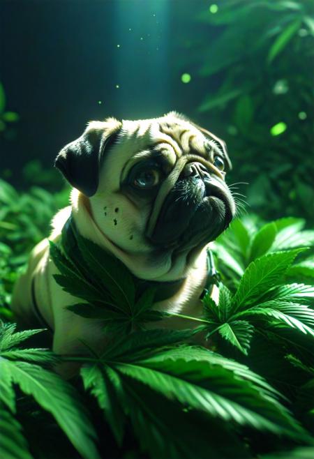 420futurism, closeup shot, from side, pug made of leaves, pug made out of leaves, green leaves, cinematic, cinematic lighting, (masterpiece, best quality:1.4), ultra-high res, 4k, Photorealistic, insanely detailed, sfw,