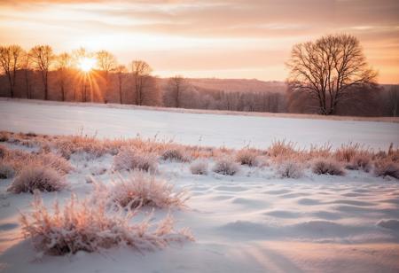 warm colors as the sun sets against a snowy landscape, in the style of soft focus romanticism, light orange and dark bronze, matte photo, light silver and white, glistening
