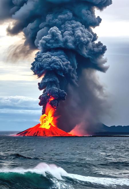 A dramatic scene of a volcanic eruption in the tumultuous heart of the ocean. A colossal plume of ash shoots skyward, but instead of simply swirling, it condenses and writhes, forming a monstrous smoke dragon. The dragon's form is immense, its body a swirling vortex of black and grey smoke, punctuated by flashes of lightning that crackle within. Glowing red lava spews from the volcano's crater, illuminating the dragon's underbelly with an infernal glow. A terrifying tornado of wind whips across the ocean surface, churning the water into a frothy frenzy and sending towering waves crashing against a lone ship caught in the chaos. The ship, its sails billowing and masts straining, battles the fierce winds and ashfall. In the distance, a menacing black cloud hangs heavy, casting an ominous shadow over the entire scene. A panicked flock of seabirds flees the eruption, their silhouettes stark against the fiery backdrop. The smoke dragon roars, a sound like thunder rolling across the waves, as it unleashes a plume of ash and smoke that engulfs the fleeing ship.