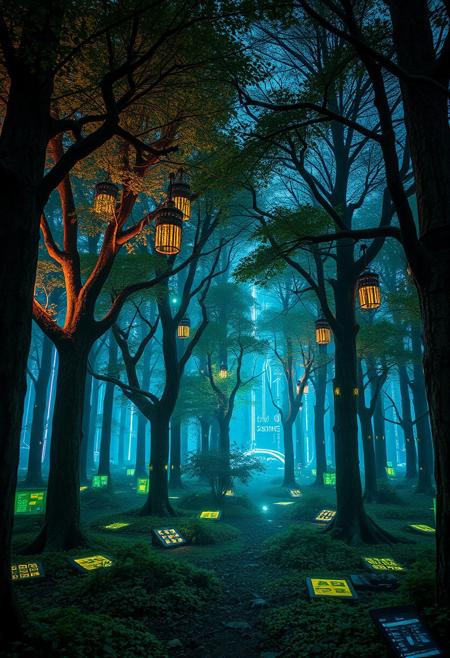 A futuristic forest where trees are integrated with glowing technological elements, creating a harmonious fusion of nature and technology