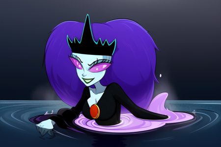 BlackPuddleQueen, blue skin, colored skin, pink eyes, solid eyes, no pupils, tight dress, black dress, long sleeves, blue hair, long hair, black crown, long eyelashes, red broach, lips, hourglass figure, cleavage, smile, full body, nsfw, <lora:add_detail:1>, black colored water puddle, standing in a water puddle, (black water)