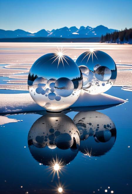 this is formed mercury mirrored spheres embedded in quartz formation in a frozen lake with crystal ice, magnificent abstract modern polarity