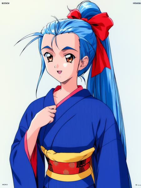 <lora:Minazuki_Kotoko:1>MinazukiKotoko, 1girl, solo, japanese clothes, blue hair, kimono, long hair, ball, ponytail, 1990s (style), brown eyes, bow,
masterpiece, high quality, very_high_resolution, large_filesize, full color,