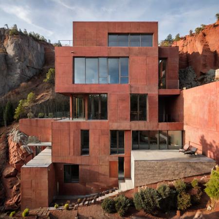 a raw photo of a two-story house features warm red concrete walls that complement the rocky landscape with a refined, modern feel. Large windows invite natural light and views, while dark metal railings add minimalist definition. At golden hour, the concrete glows softly, highlighting the structureâs simple, elegant lines against the cliffside. <lora:xl_more_art-full_v1:0.8> <lora:epi_noiseoffset2:5> <lora:ModernArch_Residence_XL_V1:0.68>