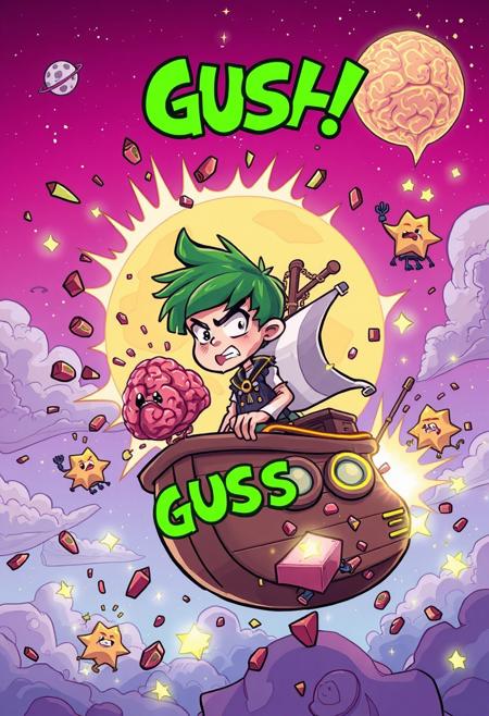 fantastical sky, outer space background, stars, clouds, pink gradients, purple gradients, exaggerated explosion, cartoonish, colorful, brain fragments, eyeball fragments, green "GUSH" text, flying debris, whimsical flying pirate ship, cartoonish style, small scale, young adult, late teen, green hair, pigtails, fantasy outfit, short stature, angry, annoyed, unhinged, sarcastic, gripping ship's side, leaning forward, assertive stance, small fantastical creature, hovering, rounded body, playful aesthetic, neutral, concerned, observant, floating, passive, secondary presence, anthropomorphic star-shaped beings, mischievous expressions, glowing outlines, scattered scene, vivid lighting, dynamic lighting, glowing stars, bright highlights, chaotic, humorous, exaggerated destruction, absurd action, satirical fantasy, over-the-top violence, whimsical elements, cartoon surrealism, bold outlines, vibrant colors, contrasting colors, dynamic motion effects, exploding brain fragments, pirate ship, surreal space, large anthropomorphic moon, cracked surface, exaggerated facial features, shocked expression, wide-eyed, mouth agape, visible damage, cartoonishly crumbling, central scene, upper composition, reacting explosion, chaotic motion