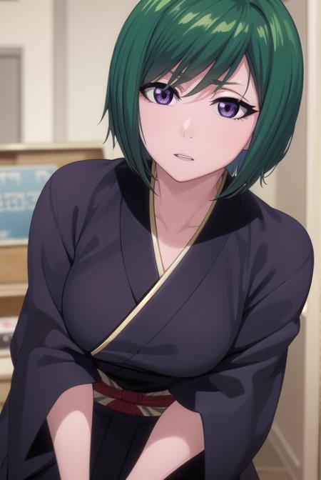 nozomi, short hair, green hair, (purple eyes:1.1), nozomidefault, thighhighs, school uniform, black thighhighs, sailor collar, zettai ryouiki, cardigan, nozomishinigami, japanese clothes, kimono, hakama, black kimono, black hakama,