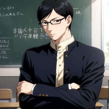 Sakamoto, 1boy, solo, black hair, school uniform, male focus, gakuran, black eyes, glasses, <lora:Sakamoto:0.6>, classroom, sitting, crossed arms