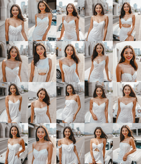 photo of a woman in a white dress, in front of a car, posing at the camera, red lip, white teeth, high detailed skin, skin pores, 8k uhd, dslr, soft lighting, high quality, film grain, Fujifilm XT3, dynamic pose