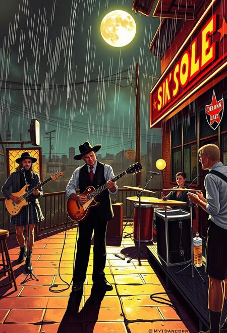 Sunshine beating on the good times
Moonlight raising from the grave
String band playing worn out dive bars
Pretty young thing going dancing in the rain
High heel lady spitting at the nickajacks
Business man with a needle and a spoon
Coyote chewing on a cigarette
Pack o' young boys going howlin' at the moon