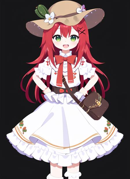 simple background, green_eyes,red_hair, 1girl, solo, long hair, skirt, hair ornament, smile, shirt, hat, black skirt, white shirt, flower, :d, bag, puffy short sleeves, hat flower, simple background, bow, open mouth, very long hair, bangs, red bow, looking at viewer, blush, hair between eyes, upper teeth only, brown headwear, hands on hips, white flower, frills, hairclip, shoulder bag, virtual youtuber, teeth, hair flower, star (symbol), x hair ornament, <lora:Erio_v0.41AOM2:0.7>, bag, socks, short sleeves, black footwear, white socks, mary janes, shoes, frills, black background, puffy short sleeves, full body, puffy sleeves, simple background, frilled sleeves, standing, shoulder bag, frilled socks, charm (object), wrist scrunchie, bowtie, bracelet, kneehighs, flower, frilled skirt, jewelry, loose socks, cactus