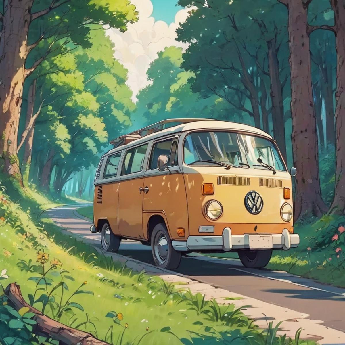 A yellow Volkswagen van driving down a road in a forest.