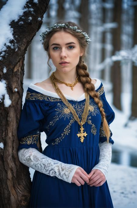 18 yo english girl,Focusing,breathtaking,nature,dgtlv2,8k,(wintertime:1.2),(snow:1.2),Huge oak(A forest of tall oak trees covered with snow:1.2),streams,(Frozen lake:1.4),fashion editorial,full body,looking at viewer,depth of field,(deep blue gold Viking dress:1.2),(Victorian age),<lora:add-detail-xl:0.7>,(Viking necklace:1.1),