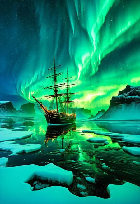 (by Ellen Jewett:1.5), (gold Bioluminescent Impressionism, Icelandic seascape, The Dreamland, Gibson Iceland, sea, ocean, great sailing ship , whirlpool, lightning, northern lights, snow and ice, ethereal landscapes, depth of field, biotech emotion:1.3) <lora:xl_more_art-full_v1:0.5> <lora:add-detail-xl:1> <lora:RMSDXL_Creative:2>