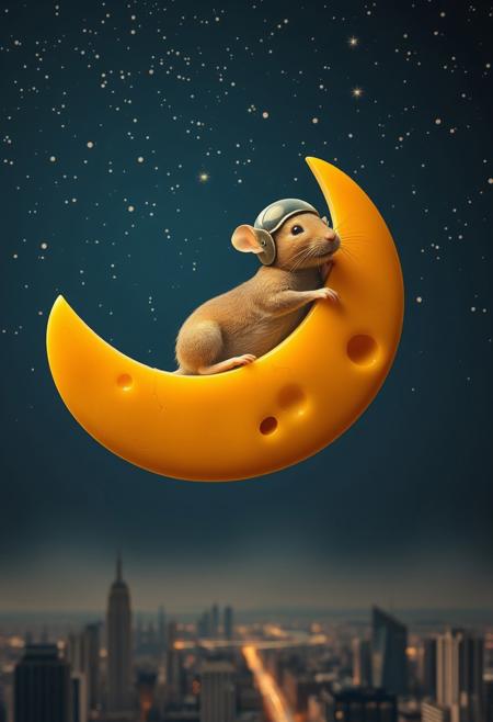 The image depicts a mouse wearing a helmet reclining on a crescent-shaped piece of cheese, which floats serenely in a night sky speckled with stars. The cheese moon is positioned above a cityscape, adding a touch of surrealism.
Style:
The style is a blend of surrealism and food photography. The image maintains the dreamlike quality of the original, but with a playful twist. The cheese adds a tactile element, inviting the viewer to imagine the texture and aroma.
Color Scheme:
The color palette is warm and inviting, with shades of golden yellow, creamy white, and deep brown. The cheese would have a rich, buttery hue, contrasting beautifully with the deep blue of the night sky. The stars would retain their soft white glow.
Details:
The cheese moon would have a slightly uneven surface, with subtle cracks and crevices.
The mouse skin would have a warm, golden tone, complementing the color of the cheese.
The cityscape would recede into the background, creating a sense of depth and perspective.
Tones and Palette:
The overall tone of the image would be one of warmth and comfort. The cheese, with its rich colors and inviting texture, would evoke a sense of indulgence and pleasure. The night sky, with its twinkling stars, adds a touch of magic and wonder.