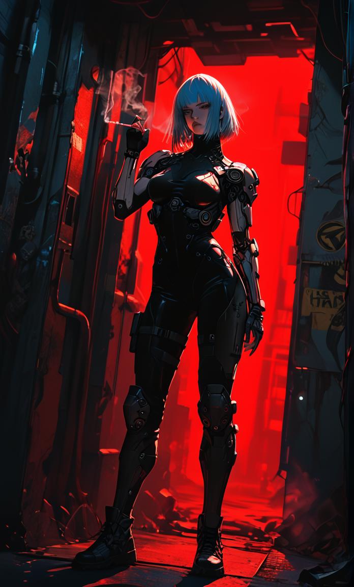 score_9,score_8_up,score_7_up,  masterpiece,  sinozick style, black and red theme, harsh lighting,s1_dram
wide dutch angle, very wide shot, distant, wide shot, standing against wall, smoking, holding cigarette, 
A powerful cyborg female assassin, short blue hair, and a busty physique stands inside a futuristic spaceship deck. She is clad in a sleek armored suit, intricate full body armor, cybernetic eyes, combat boots,  dynamic pose, cyberpunk city, spacecraft,  negative, dark red background
detailxl<lora:add-detail-xl:2>   <lora:Sinozick_Style_XL_Pony:0.9>  <lora:S1_Dramatic_Lighting_v2:0.5>