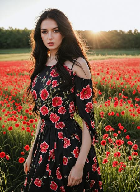 breathtaking detailed, masterpiece, absurdres, awe-inspiring, best quality, vibrant colors, beautiful girl, large expressive eyes, long flowing black hair adorned with red flowers, standing in a vibrant summer flower field, wearing a flowing black summer dress,, calm and curious expression, slight tilt of the head, BREAK, warm golden sunlight from upper right creating soft glow and highlights on hair and shoulders, long shadows on the dress and grass, backlit with a dreamy halo effect, subtle light scattering through petals, BREAK, medium-full shot, camera angle slightly below eye level for a majestic perspective, high dynamic range, cinematic style, painted texture, ultra-detailed, golden hour ambiance<lora:sdxl_Brenna_SDXL.safetensors:0.7000000000000001:0.7000000000000001>