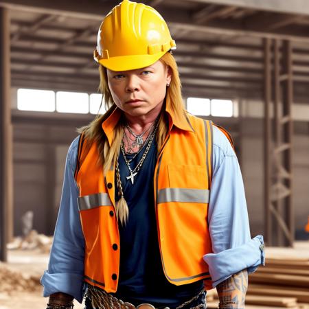 medium shot of gavidp dressed as a construction worker in an orange safety vest and yellow hardhat