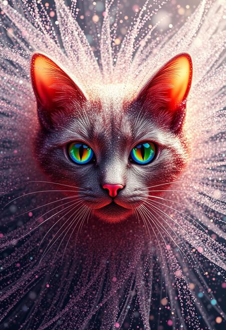 "Create a photorealistic image of a glitter explosion that fills the air, with a majestic cat shape forming at the center. The glitter is rendered in exquisite detail, with individual specks and fragments visible, shimmering and shining like tiny diamonds. The cat's eyes are pools of crystal, with facets that reflect every color of the rainbow, casting tiny rainbows across the surrounding glitter. The glitter is the focus of the image, with the cat shape emerging organically from the swirling, shimmering particles. The overall effect is one of magical, ethereal wonder, as if the glitter is alive and taking shape before the viewer's eyes. The image should capture the dynamic, explosive energy of the glitter, with a sense of movement and flow." Highest-Quality, 4k, intricate details, visually stunning, Masterpiece