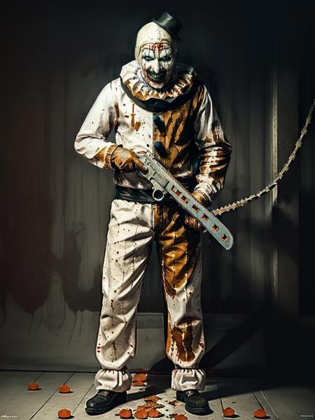 Art768 ,  a clown, full body, holding a chainsaw, detailed eyes, photography, trending on artstation, sharp focus, studio photo, intricate details, highly detailed, by greg rutkowski  <lora:Art768:0.7>