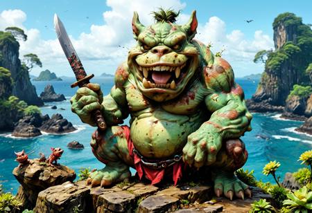 (in Otomo Katsuhiro style:1.2), high-quality, masterpiece,  a gobblin sitting on a small rock, mean grin on face green skin holding a sharp knife in his hand pointing towards viewer, a mean bulldog standing next to gobblin tropcial island background with a dreamy surreal atmosphere, (elaborate fine details:1.1), (hyperdetailed:1.1), (intricate details:1.0), (Refined details:1.1), (best quality:1.1), (high resolution:1.2)
