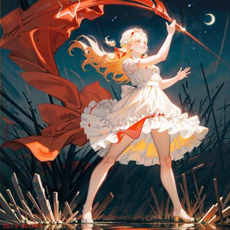 (dark), (night:1.2), forest, (lake), sky, stars, 1girl,solo,black_eyes, white_dress, she is lifting her dress by two hands, standing on one leg,standing on liquid, dynamic pose, smile,soviet,CCCPposter, (upper_body),<lora:sovietPioneers_sopiV10:0.5>