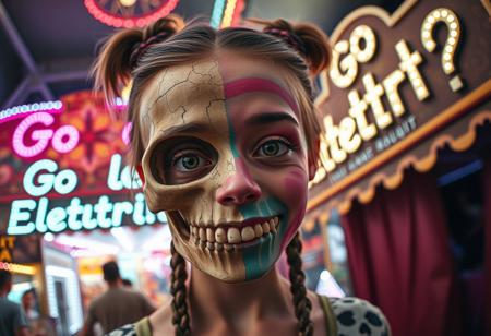 “A whimsical and surreal portrait of a girl with a distorted, comical face, featuring one eye larger than the other, vibrant face paint, and two playful braids in her hair. Half of her face is a real, bones skull, with detailed, decayed bone structure, exposing cracked and aged bones, and the skull appears lifelike yet worn with time. The other half is covered in exaggerated, colorful face paint. The skull gives off a gritty, almost macabre vibe, blending with the lively and hype atmosphere of the carnival. Captured using a 12mm fisheye cinematic prime lens for an exaggerated perspective. The setting is a lively carnival with neon lights, whimsical decorations, and a dreamy yet unsettling atmosphere. A rotten, old light banner in the background displays the text: ‘Go Elettric!?’ in flickering, uneven letters. The colors and contrasts are enhanced for a surreal effect, combining playful and eerie styles, with a mix of humor and dark visual artistry.”