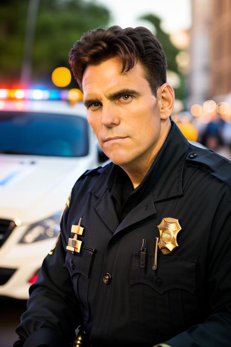 raw photo of a handsome man, looking at the camera, police officer, police cruiser in the background, midnight, close up, 8k uhd, fujifilm xt3