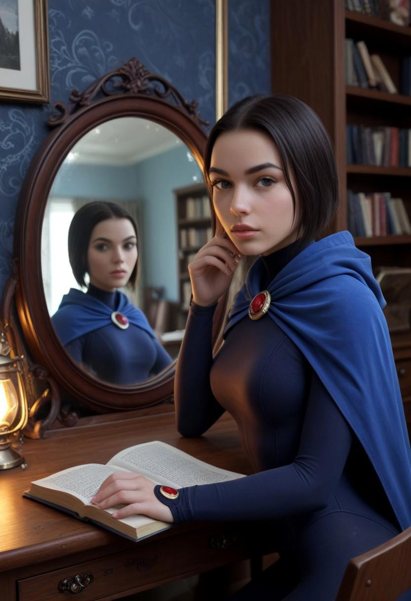 score_9, score_8_up, score_7_up, score_6_up, ravenDC, 1girl, solo, portrait, glowing, (looking at oval mirror), detailed background, book shelf, sitting a desk, blue cape, blue theme, short hair, skin tight leotard, black (magic oval mirror, glowing black), half out of portal, leaning out of portal.