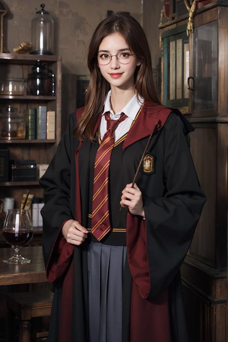 1girl, book, brown_hair, fine_art_parody, glasses, hogwarts_school_uniform, holding, necktie, realistic, robe, solo, long_hair, looking_at_viewer, smile, school_uniform, indoors, red_necktie, round_eyewear, wand, HP robe, outfit<lora:HP:0.8>