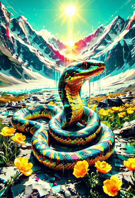 Flickering Worlds, vibrant colors, vivid colors, Snake made out of glitch style, glacier, buttercups, sunlight, dramatic, glitch, Masterpiece, best quality, amazing quality, volumetric lighting, SFW, exquisite detail, digital, digital art, highly detailed, beautiful, surreal,